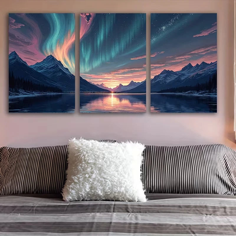 3pcs Vibrant Aurora over Snowy Mountain Lake Wall Art Set Canvas Framed 40x60cm – High Quality Print 100% Australian Made Wall Canvas Ready to Hang