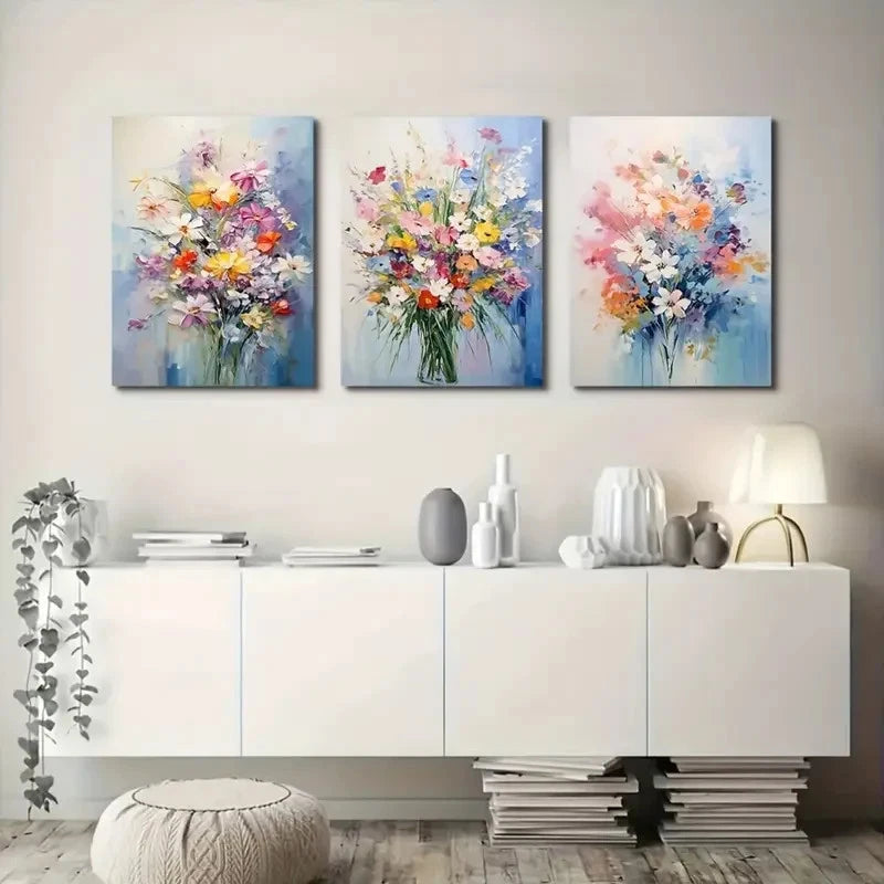 3pcs Abstract Daisy Poppy Artwork Prints Metal Print Ready to Hang Art - Bella Home Decor