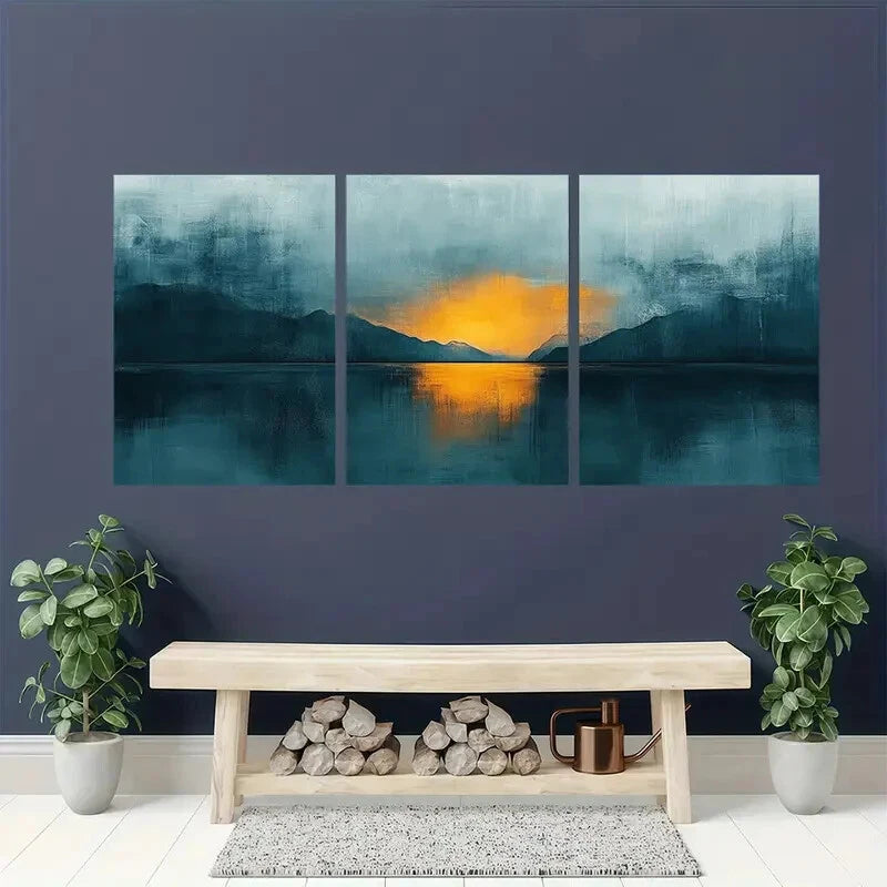 3pcs Teal & Tan Pastel Abstract Reflection Design Metal Print Ready to Hang Art - Bella Home Decor