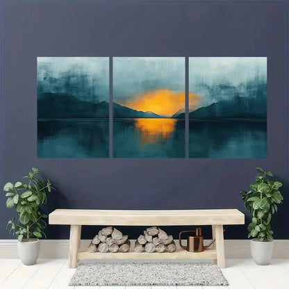 3pcs Teal & Tan Pastel Abstract Reflection Design Metal Print Ready to Hang Art - Bella Home Decor