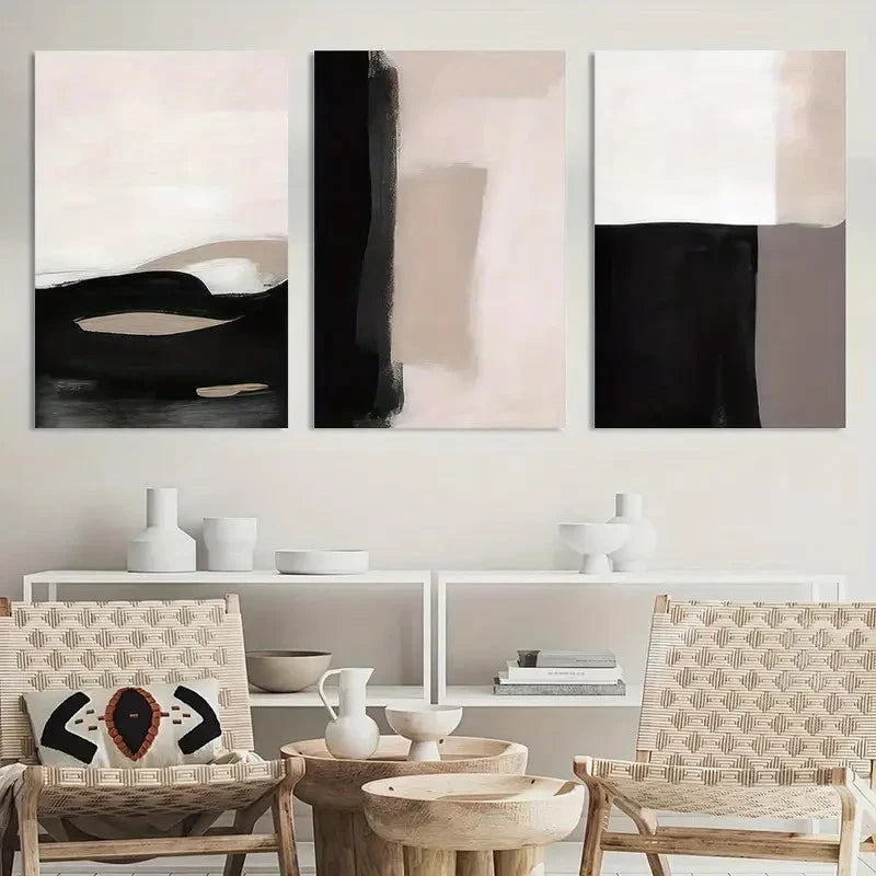3pcs Painting Abstract Beige Black and White Metal Print Ready to Hang Art - Bella Home Decor