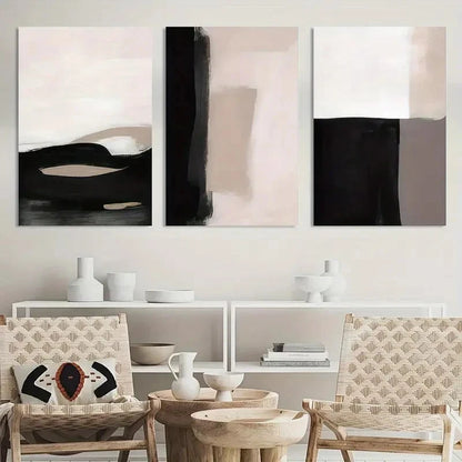 3pcs Painting Abstract Beige Black and White Metal Print Ready to Hang Art - Bella Home Decor