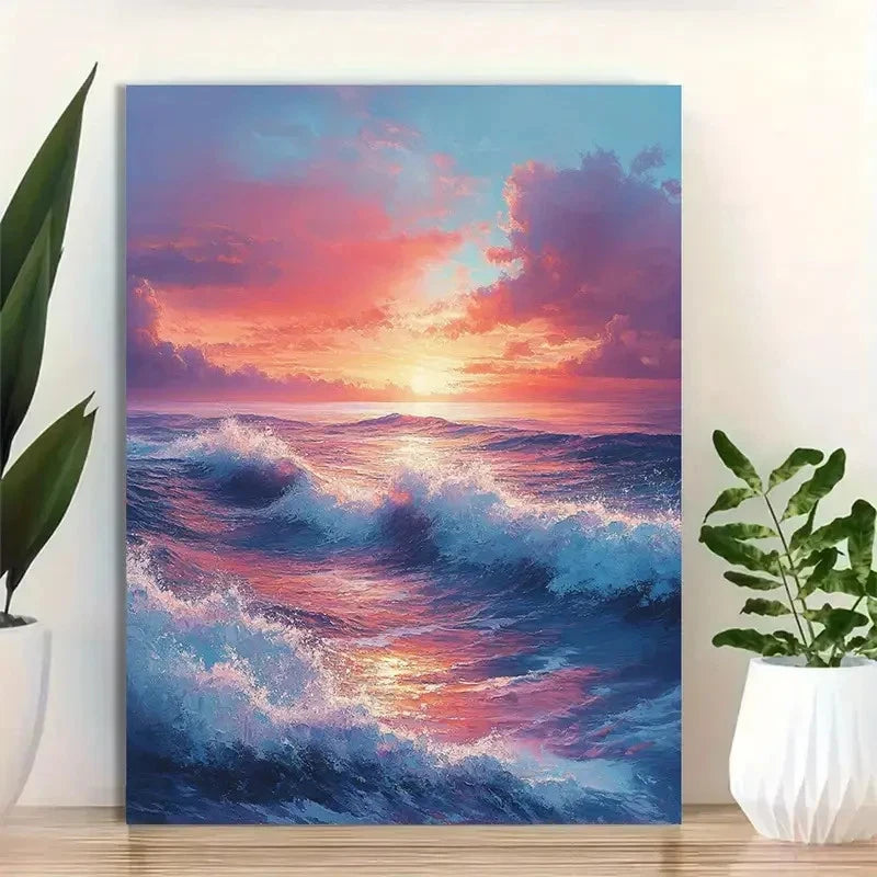 Beautiful Tranquil Sunrise Beach View Painting 40x60cm Metal Print Ready to Hang