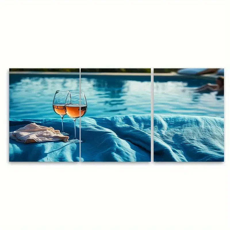 3pcs Wine o clock ski Wine & Bedsheet Pool Wall Art Set Canvas Framed 50x70cm - High Quality Print 100% Australian Made Wall Canvas Ready to Hang