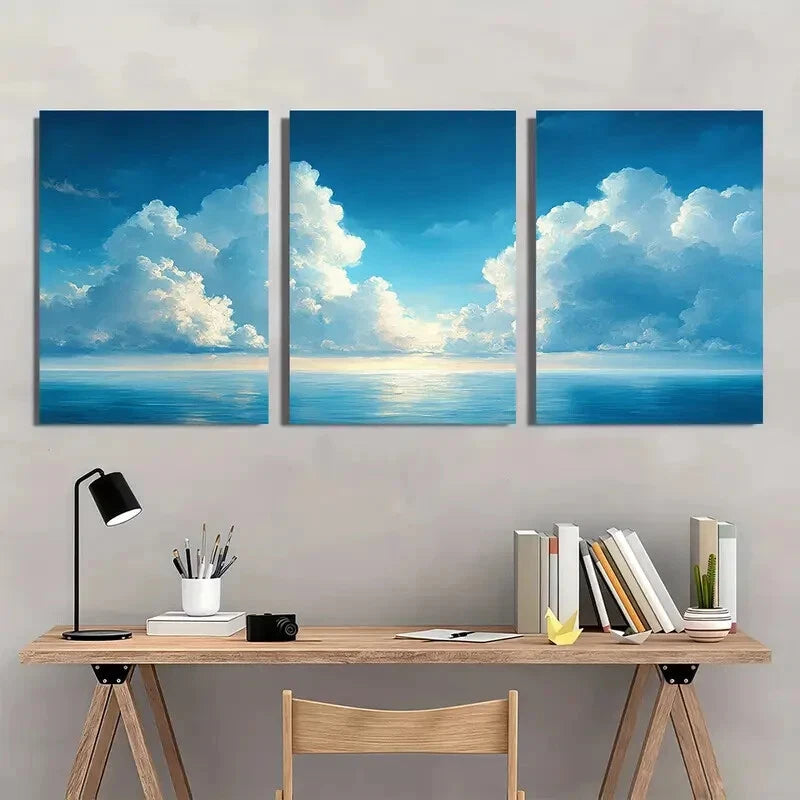 3pcs Country White Cloudy Blue Sky Landscape Metal Print Ready to Hang Art