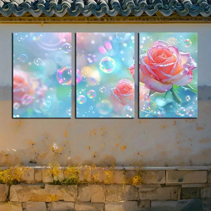 3pcs Vibrant Pink Rose with Bubbles Illustration Metal Print Ready to Hang Art - Bella Home Decor