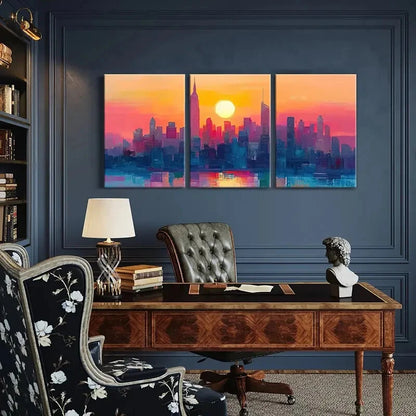 3pcs Cityscape Art Sunset Glow Urban Skyline Metal Print Ready to Hang Art - Bella Home Decor