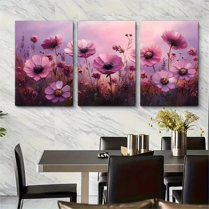 3pcs Pink Wildflowers Purple Skies Metal Print Ready to Hang Art