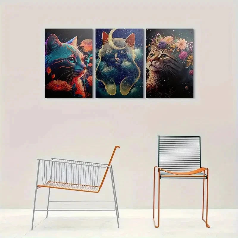 3pcs Colorful Floral Cats Animal Themed Metal Print Ready to Hang Art - Bella Home Decor