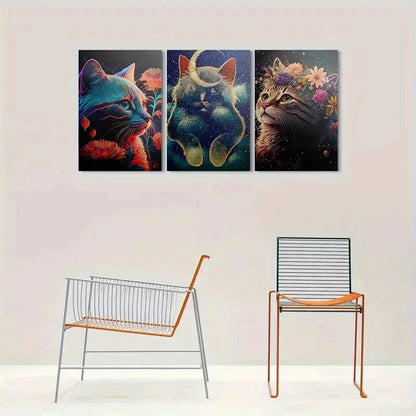 3pcs Colorful Floral Cats Animal Themed Metal Print Ready to Hang Art - Bella Home Decor