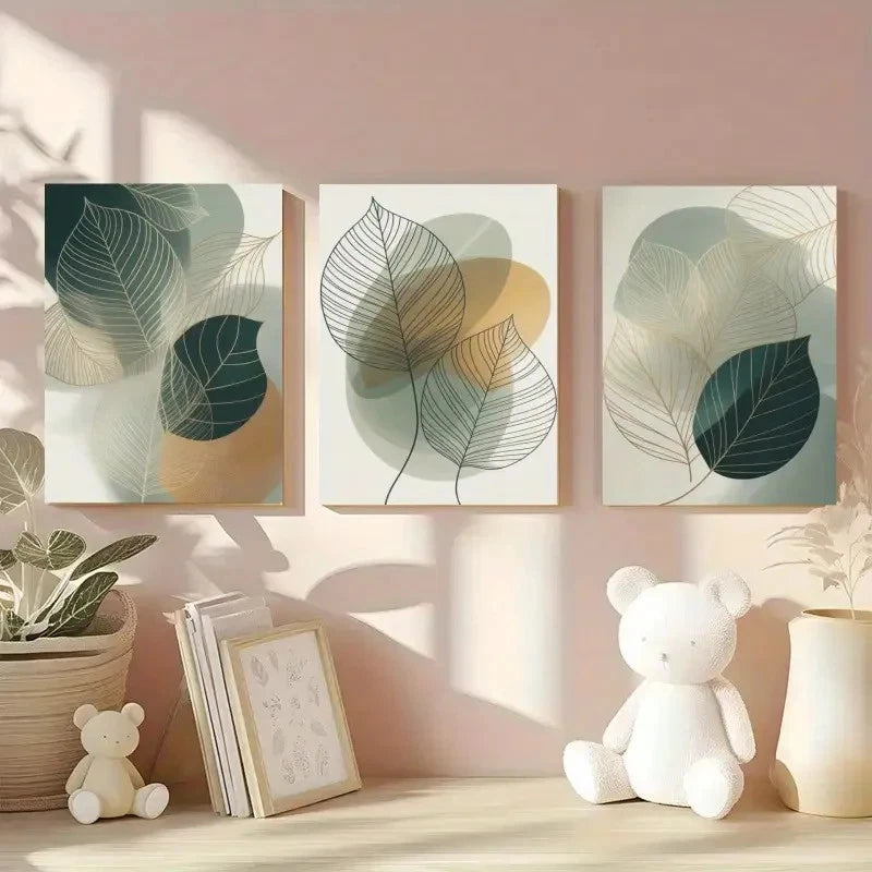3pcs Abstract Leaves Green Tones Botanical Metal Print Ready to Hang Art - Bella Home Decor