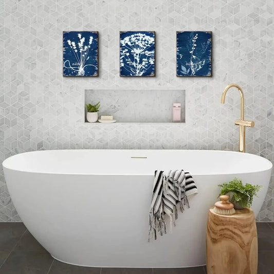 3pcs Navy Botanical Vintage Boho Abstract Plant Metal Print Ready to Hang Art