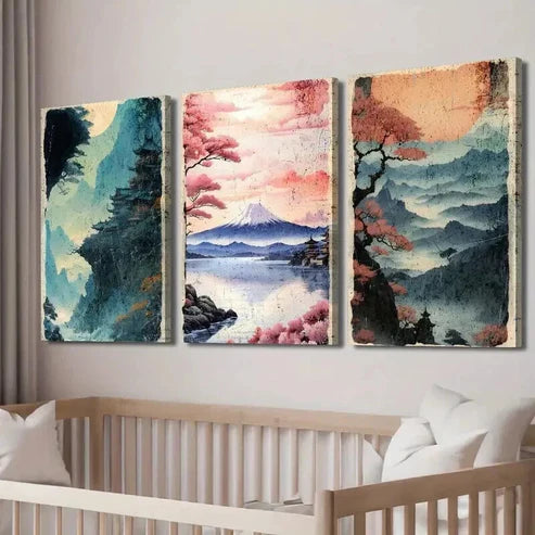 3pcs Vibrant Mount Fuji & Cherry Blossom Scenes Wall Art Canvas Unframed - High Quality Print 100% Australian Made Wall Canvas