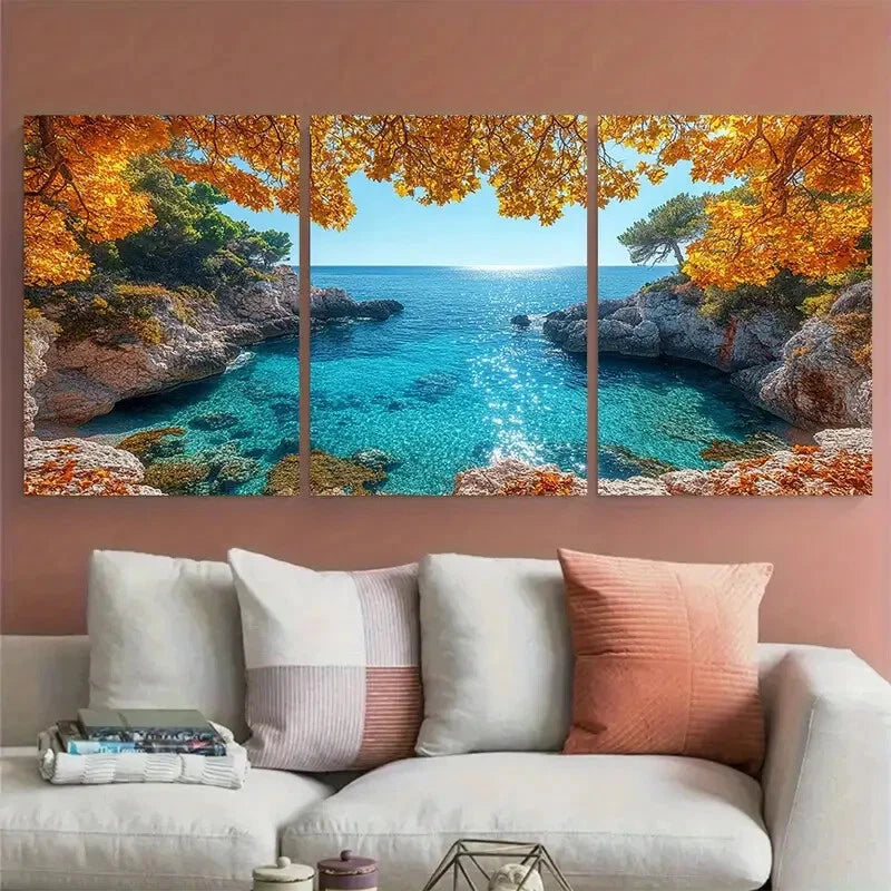 3pcs Sunny Balcony Clear Blue Sea View Metal Print Ready to Hang Art - Bella Home Decor