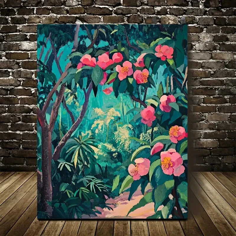 Vibrant Jungle Scene with Pink Flowers Painting 40x60cm Metal Print Ready to Hang - Bella Home Decor
