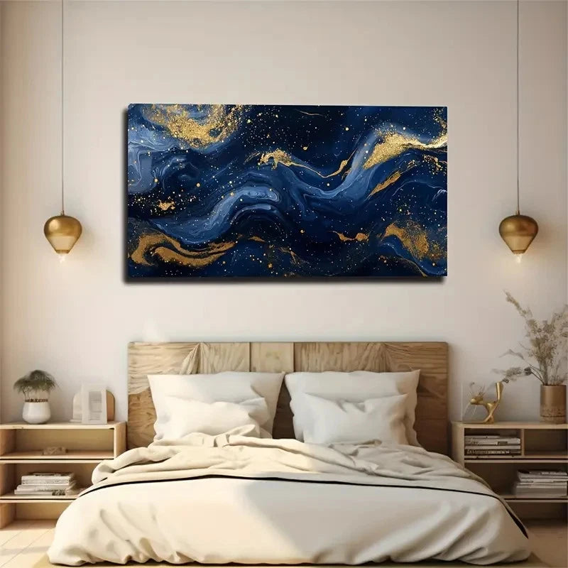 Abstract Deep Blue And Golden Wall Art Canvas Office Home Room Framed 120x60cm