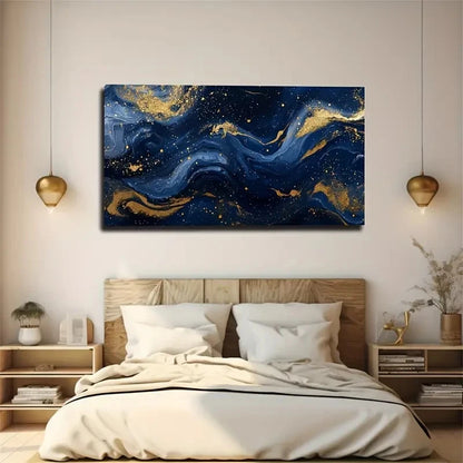 Abstract Deep Blue And Golden Wall Art Canvas Office Home Room Framed 120x60cm