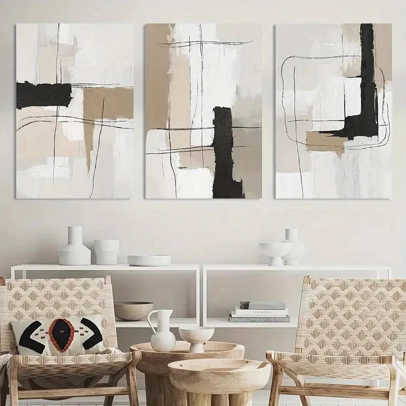 3pcs Neutral Abstract Black White Beige Metal Print Ready to Hang Art - Bella Home Decor