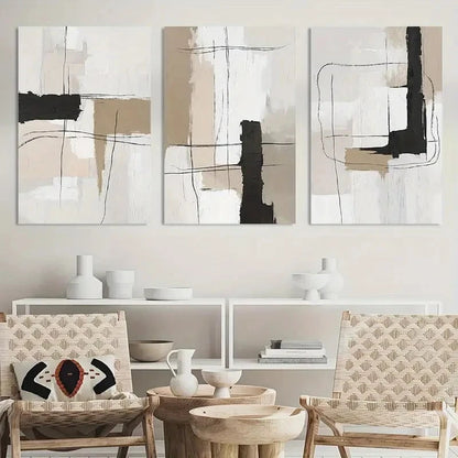 3pcs Neutral Abstract Black White Beige Metal Print Ready to Hang Art - Bella Home Decor