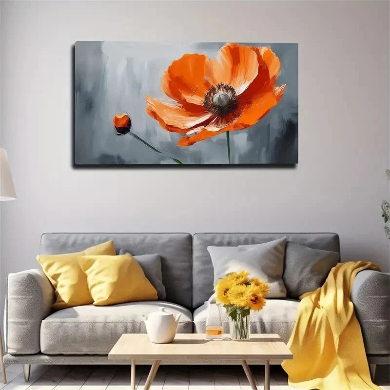 Vibrant Orange Poppy Painting Wall Art Canvas Office Home Room Framed 120x60cm