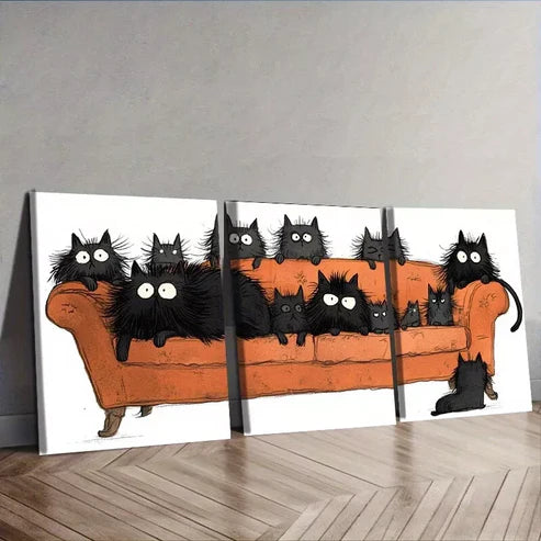 3pcs Art Deco Modern Black Cats on Couch Wall Art Canvas Unframed - High Quality Print 100% Australian Made Wall Canvas - Bella Home Decor