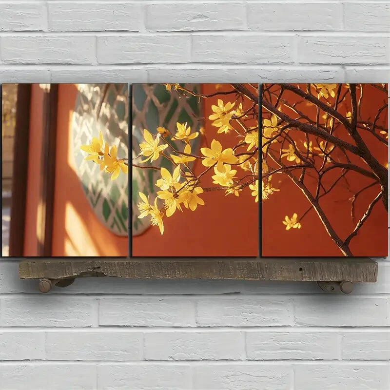 3pcs Osmanthus Tree In Front Of The Red Metal Print Ready to Hang Art - Bella Home Decor