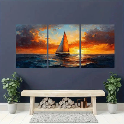 3pcs Sailboat Seascape Sunset Paintings Metal Print Ready to Hang Art