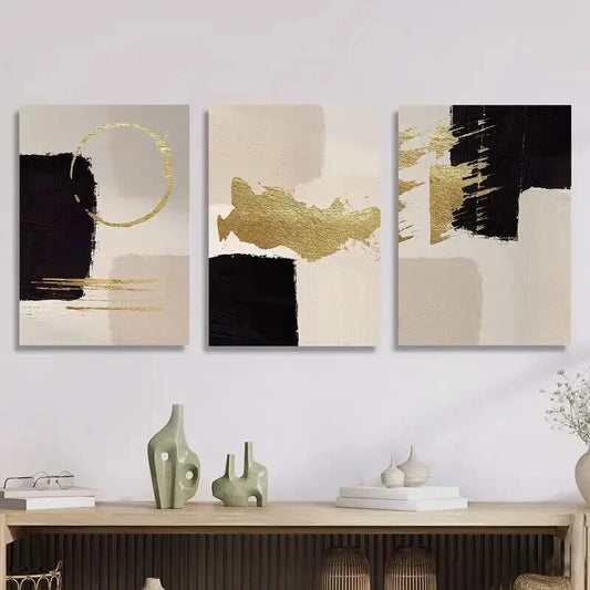 3pcs Golden Geometric Abstract Wall Art Set Canvas Framed 50x70cm - High Quality Print 100% Australian Made Wall Canvas Ready to Hang