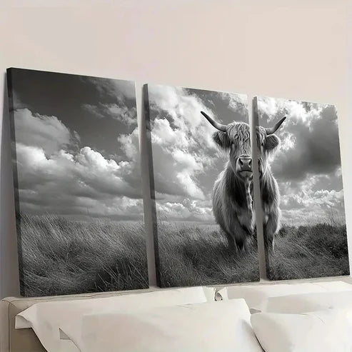 3pcs Black & White Rustic Cow DE Wall Art Set Canvas Unframed - High Quality Print 100% Australian Made Wall Canvas - Bella Home Decor