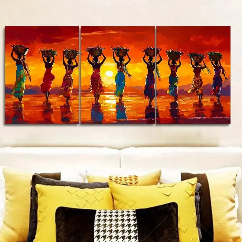 3pcs African Women Carrying Plates Wall Art Set Canvas Framed 40x60cm - High Quality Print 100% Australian Made Wall Canvas Ready to Hang - Bella Home Decor