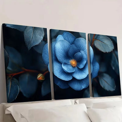 3pcs Elegant Blue Roses and Leaves on Dark   Wall Art Set Canvas Framed 50x70cm - High Quality Print 100% Australian Made Wall Canvas Ready to Hang