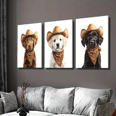 3pcs Dog Wearing a Cowboy Hat Decoration Wall Art Set Canvas Unframed - High Quality Print 100% Australian Made Wall Canvas - Bella Home Decor