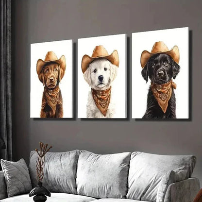 3pcs Dog Wearing a Cowboy Hat Decoration Wall Art Set Canvas Unframed - High Quality Print 100% Australian Made Wall Canvas - Bella Home Decor
