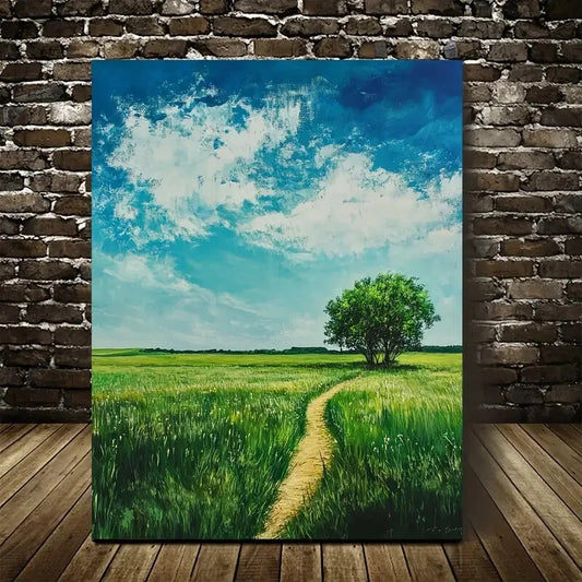 Serene Green Grassland with Lone Tree Painting 40x60cm Metal Print Ready to Hang - Bella Home Decor