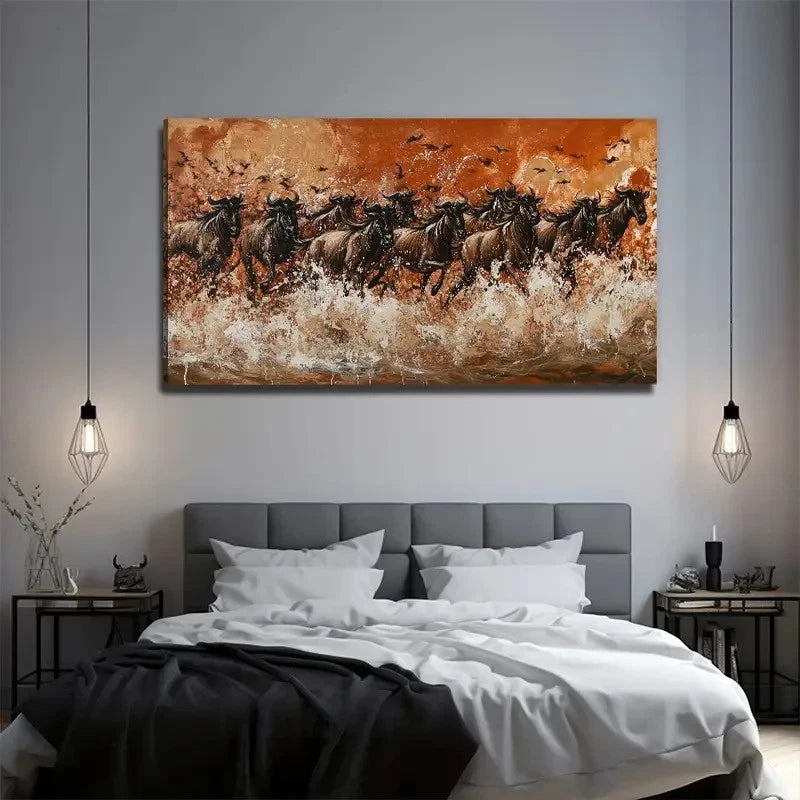 Wild Wildebeest Decoration Wall Art Canvas Office Home Room Framed 120x60cm