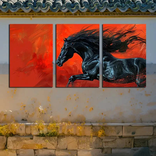 3pcs Dark Horse in Red background Design Metal Print Ready to Hang Art