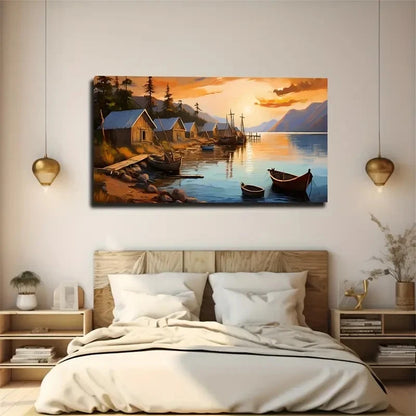 Serene Lake House & Boat Wall Art Canvas Office Home Room Framed 120x60cm