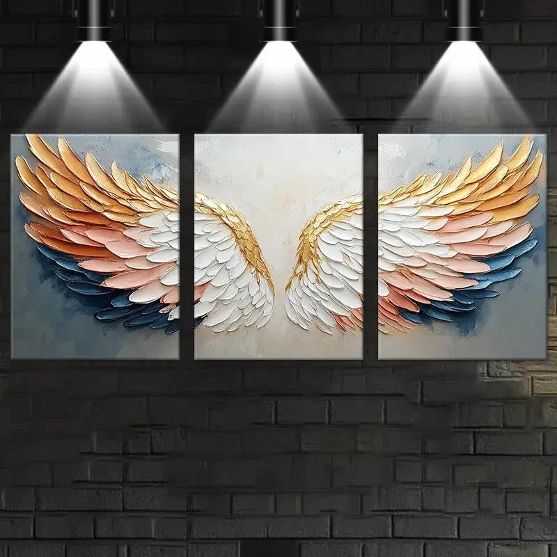 3pcs Angel Wings Golden and white Feather Design Metal Print Ready to Hang Art - Bella Home Decor