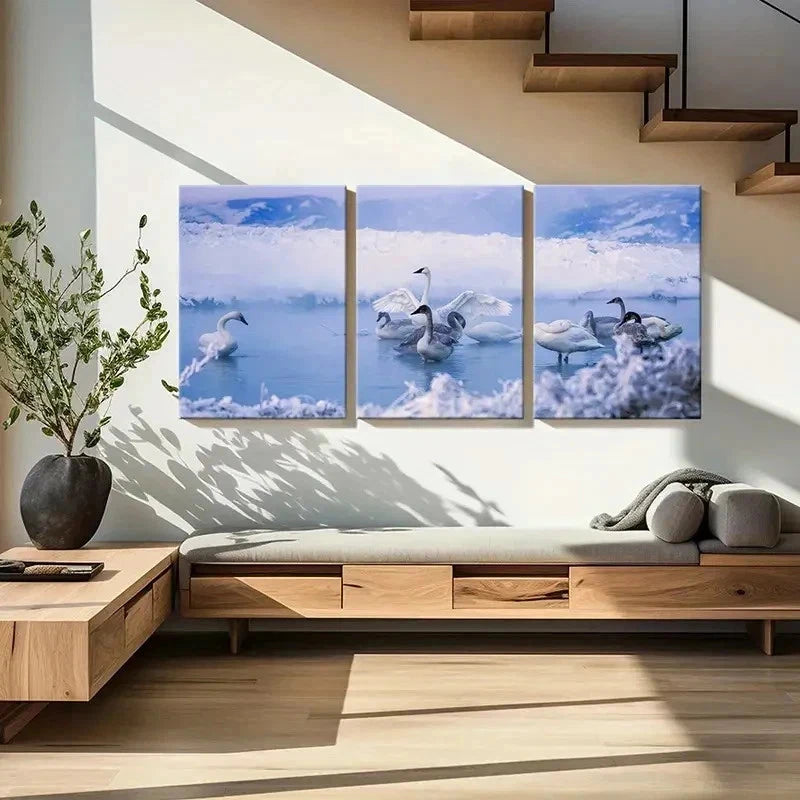 3pcs Swan On The Lake Modern Decoration Wall Art Set Canvas Framed 60x90cm - High Quality Print 100% Australian Made Wall Canvas Ready to Hang