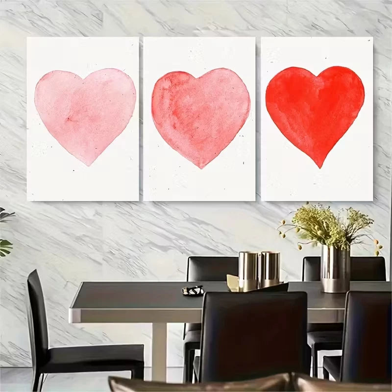 3pcs Red & Pink Hearts with Sparkling Accents Print Ready to Hang Art