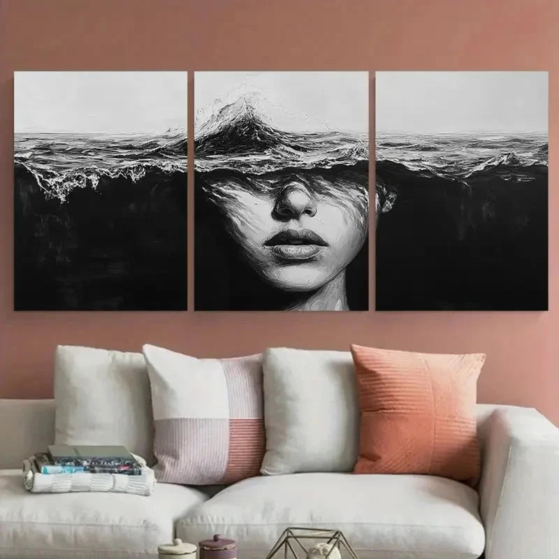 3pcs Abstract Lady Face Black And White Ocean Wall Art Set Canvas Framed 50x70cm - High Quality Print 100% Australian Made Wall Canvas Ready to Hang - Bella Home Decor