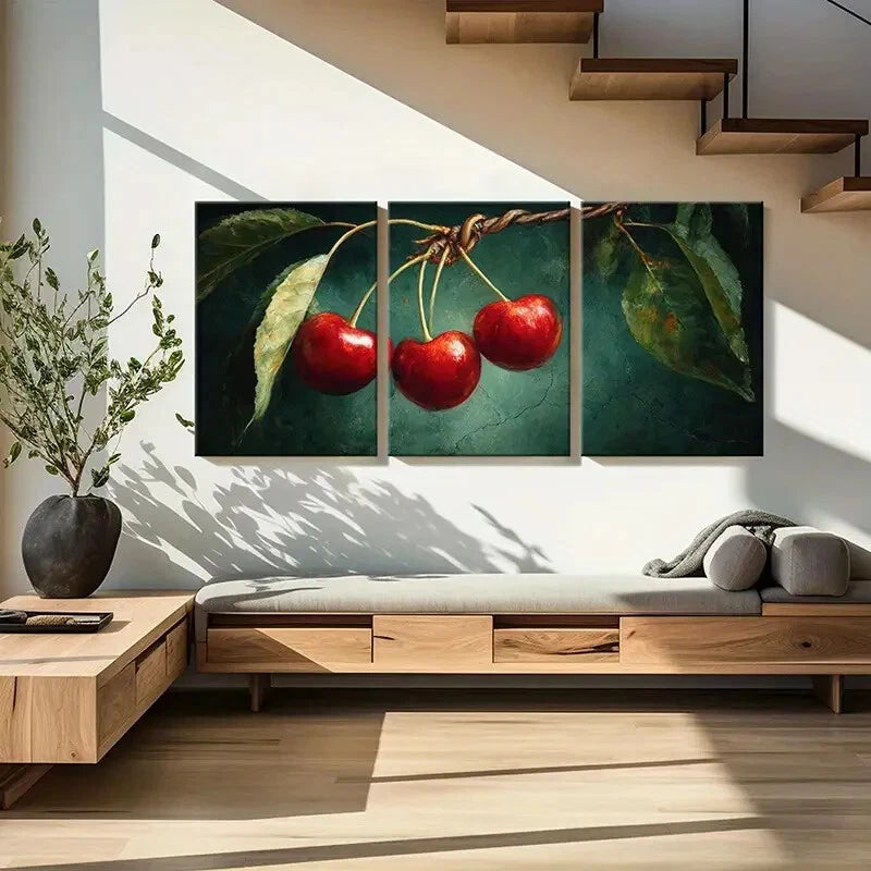 3pcs Artistic Vibrant Red Cherry Illustration Metal Print Ready to Hang Art - Bella Home Decor