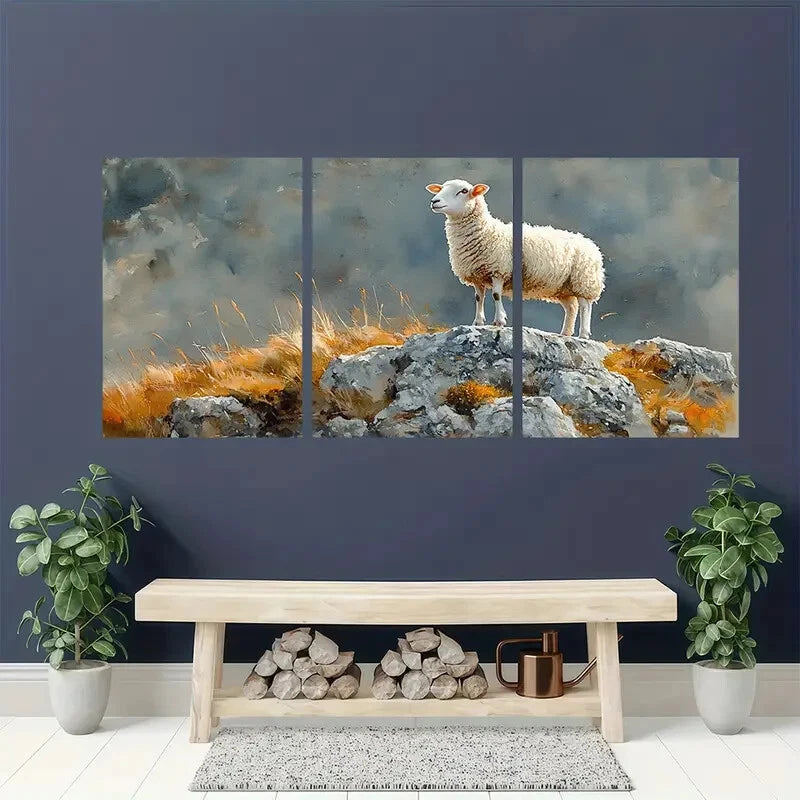 3pcs Landscape Sheep Painting - Pastoral Metal Print Ready to Hang Art - Bella Home Decor