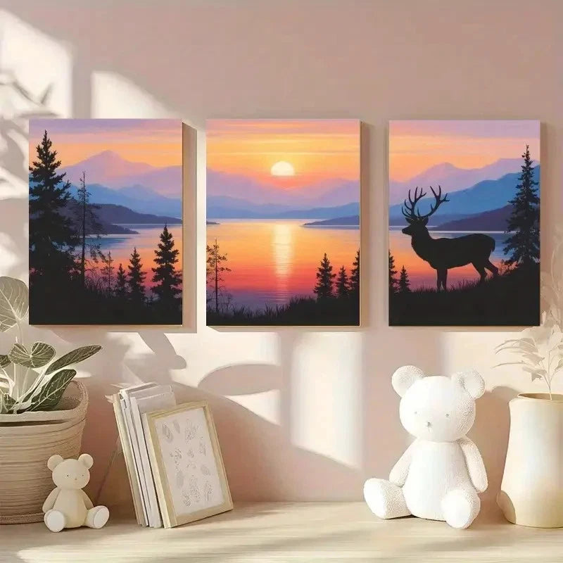 3pcs Deer Sunset Mountains Pine Trees Metal Print Ready to Hang Art - Bella Home Decor