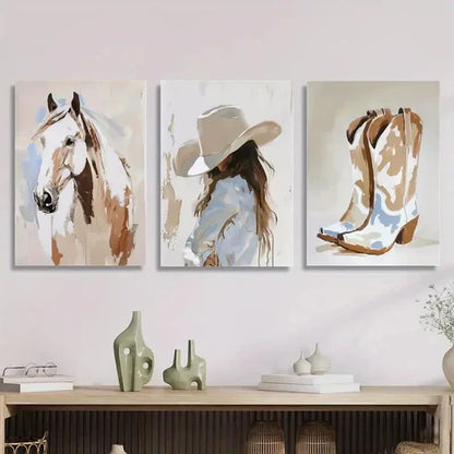 3pcs Horse, Cowgirl, and Boots Watercolor Wall Art Canvas Unframed - High Quality Print 100% Australian Made Wall Canvas