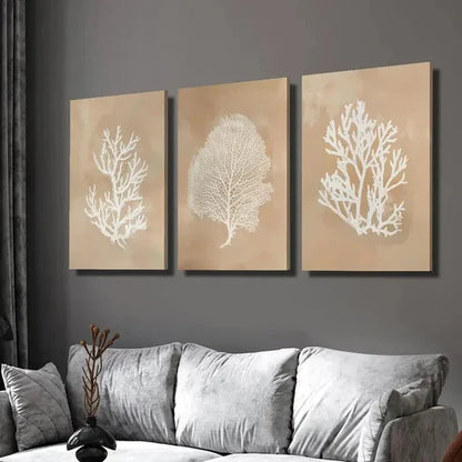 3pcs Beige Coral Art, Seaweed Botanical Painting Wall Art Canvas Unframed - High Quality Print 100% Australian Made Wall Canvas - Bella Home Decor