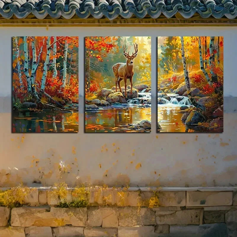 3pcs Autumn Forest Deer on the Lake Rock Metal Print Ready to Hang Art - Bella Home Decor