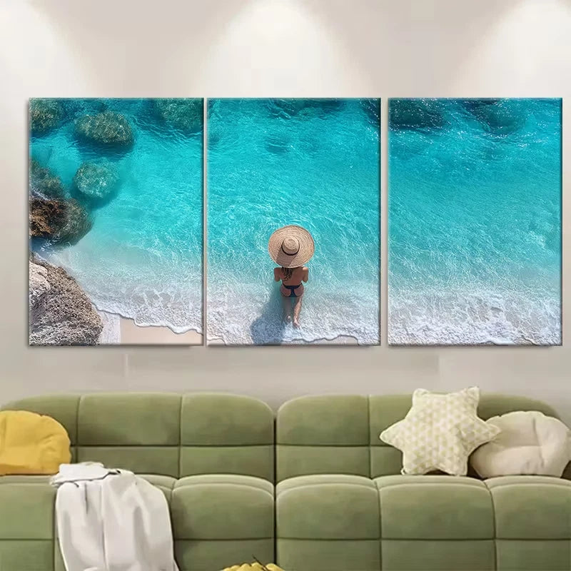 3pcs Beach Paradise Woman by Clear Blue Ocean Metal Print Ready to Hang Art - Bella Home Decor