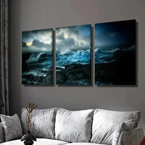 3pcs Amazing Deep Ocean Waves at Night Wall Art Set Canvas Unframed - High Quality Print 100% Australian Made Wall Canvas - Bella Home Decor