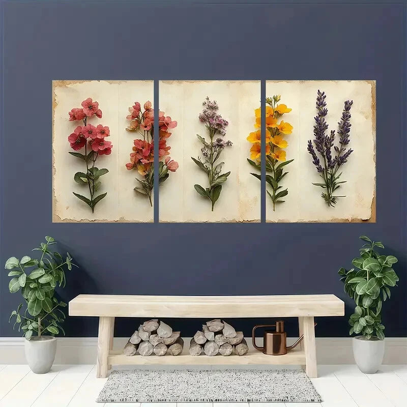 3pcs Rustic Wildflower Botanical Herbarium Design Metal Print Ready to Hang Art - Bella Home Decor
